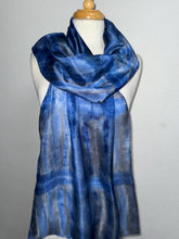 Load image into Gallery viewer, Hand Dyed Long Silk Scarf in Bluebell Grey Stripes by Designer Silk Artist
