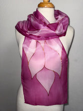 Load image into Gallery viewer, Flames Design Hand Painted Silk Neck Scarf in Rose Pinks by Designer Silk Artist