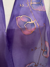 Load image into Gallery viewer, Sweet Peas Design Silk Neck Scarf in Purple Pink Copper by Designer Silk Artist