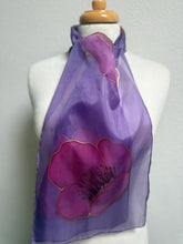 Load image into Gallery viewer, Poppies Design Hand Painted Silk Small Neck Scarf in Purple Shades by Designer Silk Artist