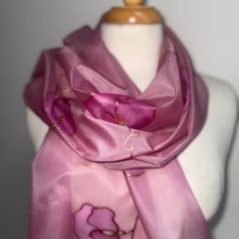 Load image into Gallery viewer, Sweet Peas Design Silk Scarf in Clover Pink Copper : Hand Painted Silk by Designer Silk Artist