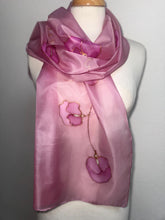 Load image into Gallery viewer, Sweet Peas Design Silk Scarf in Clover Pink Copper : Hand Painted Silk by Designer Silk Artist