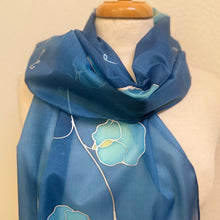 Load image into Gallery viewer, Sweet Peas Design Silk Scarf in Blues and Silver : Hand Painted Silk by Designer Silk Artist
