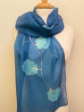 Load image into Gallery viewer, Sweet Peas Design Silk Scarf in Blues and Silver : Hand Painted Silk by Designer Silk Artist