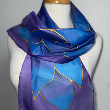 Load image into Gallery viewer, Flames Design Hand Painted Silk Neck Scarf in Blue Purple by Designer Silk Artist