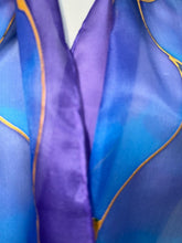 Load image into Gallery viewer, Flames Design Hand Painted Silk Neck Scarf in Blue Purple by Designer Silk Artist