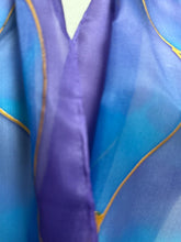 Load image into Gallery viewer, Flames Design Hand Painted Silk Neck Scarf in Blue Purple by Designer Silk Artist