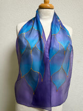 Load image into Gallery viewer, Flames Design Hand Painted Silk Neck Scarf in Blue Purple by Designer Silk Artist