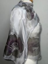 Load image into Gallery viewer, Poppies Design Hand Painted Silk Neck Scarf in Greys Purple Silver by Designer Silk Artist
