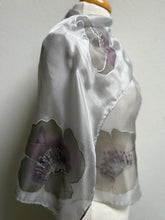Load image into Gallery viewer, Poppies Design Hand Painted Silk Neck Scarf in Greys Purple Silver by Designer Silk Artist