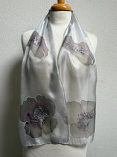 Load image into Gallery viewer, Poppies Design Hand Painted Silk Neck Scarf in Greys Purple Silver by Designer Silk Artist