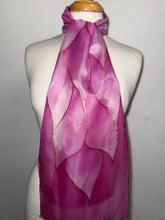 Load image into Gallery viewer, Flames Design Hand Painted Silk Neck Scarf in Rose Pinks by Designer Silk Artist