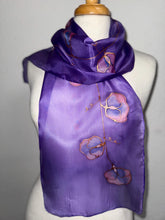 Load image into Gallery viewer, Sweet Peas Design Silk Neck Scarf in Purple Pink Copper by Designer Silk Artist