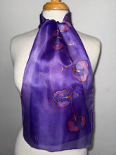 Load image into Gallery viewer, Sweet Peas Design Silk Neck Scarf in Purple Pink Copper by Designer Silk Artist