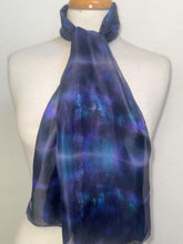 Load image into Gallery viewer, Hand Dyed Silk Small Neck Scarf in Black Purple Turquoise by Designer Silk Artist