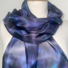 Load image into Gallery viewer, Hand Dyed Silk Small Neck Scarf in Black Purple Turquoise by Designer Silk Artist