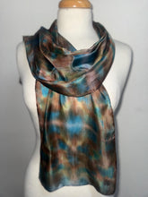 Load image into Gallery viewer, Hand Dyed Silk Small Neck Scarf in Teal Brown Green by Designer Silk Artist