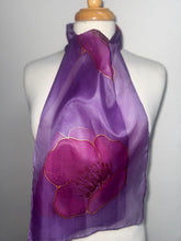Load image into Gallery viewer, Poppies Design Hand Painted Silk Small Neck Scarf in Purple Shades by Designer Silk Artist