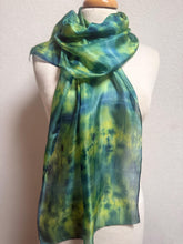 Load image into Gallery viewer, Hand Dyed Silk Small Neck Scarf in Green Lime Navy by Designer Silk Artist