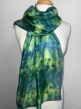 Load image into Gallery viewer, Hand Dyed Silk Small Neck Scarf in Green Lime Navy by Designer Silk Artist