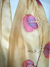 Load image into Gallery viewer, Sweet Peas Design Silk Scarf in Beige, Purple, Pink : Hand Painted Silk by Designer Silk Artist