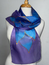 Load image into Gallery viewer, Flames Design Hand Painted Silk Neck Scarf in Blue Purple by Designer Silk Artist