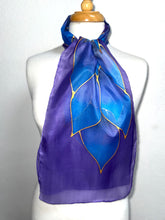 Load image into Gallery viewer, Flames Design Hand Painted Silk Neck Scarf in Blue Purple by Designer Silk Artist