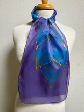 Load image into Gallery viewer, Flames Design Hand Painted Silk Neck Scarf in Blue Purple by Designer Silk Artist