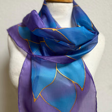 Load image into Gallery viewer, Flames Design Hand Painted Silk Neck Scarf in Blue Purple by Designer Silk Artist