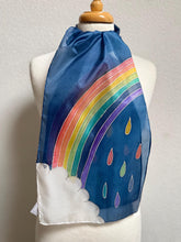 Load image into Gallery viewer, Rainbow Design Hand Painted Silk Neck Scarf Blue Silver by Designer Silk Artist