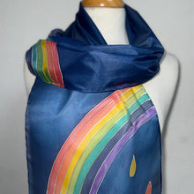 Load image into Gallery viewer, Rainbow Design Hand Painted Silk Neck Scarf Blue Silver by Designer Silk Artist