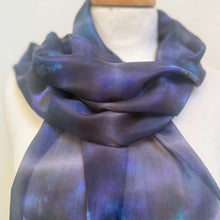 Load image into Gallery viewer, Hand Dyed Silk Small Neck Scarf in Black Purple Turquoise by Designer Silk Artist