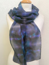 Load image into Gallery viewer, Hand Dyed Silk Small Neck Scarf in Black Purple Turquoise by Designer Silk Artist