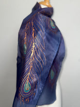 Load image into Gallery viewer, Peacock Feathers Design Silk Neck Scarf in Purple Navy Copper by Designer Silk Artist
