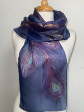 Load image into Gallery viewer, Peacock Feathers Design Silk Neck Scarf in Purple Navy Copper by Designer Silk Artist