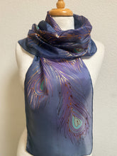 Load image into Gallery viewer, Peacock Feathers Design Silk Neck Scarf in Purple Navy Copper by Designer Silk Artist