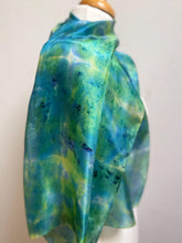 Load image into Gallery viewer, Hand Dyed Silk Neck Scarf in Blue Green Purple Navy by Designer Silk Artist