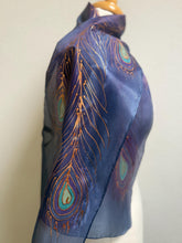 Load image into Gallery viewer, Peacock Feathers Design Silk Neck Scarf in Purple Navy Copper by Designer Silk Artist