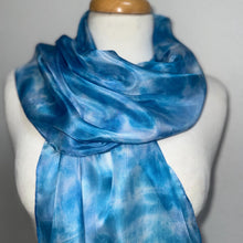 Load image into Gallery viewer, Hand Dyed Silk Neck Scarf in Blue Purple Navy White by Designer Silk Artist