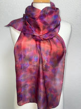 Load image into Gallery viewer, Hand Dyed Silk Neck Scarf in Cherry Red Lilac Blue by Designer Silk Artist