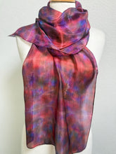 Load image into Gallery viewer, Hand Dyed Silk Neck Scarf in Cherry Red Lilac Blue by Designer Silk Artist