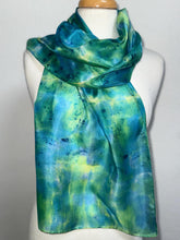 Load image into Gallery viewer, Hand Dyed Silk Neck Scarf in Blue Green Purple Navy by Designer Silk Artist