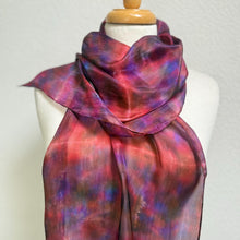 Load image into Gallery viewer, Hand Dyed Silk Neck Scarf in Cherry Red Lilac Blue by Designer Silk Artist