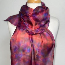 Load image into Gallery viewer, Hand Dyed Silk Neck Scarf in Cherry Red Lilac Blue by Designer Silk Artist