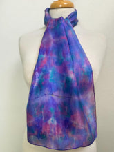 Load image into Gallery viewer, Hand Dyed Silk Neck Scarf in Purples Tan Green by Designer Silk Artist