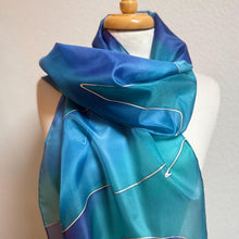 Load image into Gallery viewer, Abstract Design Silk Long Scarf in Shades of Blues : Hand Painted by Designer Silk Artist