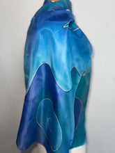Load image into Gallery viewer, Abstract Design Silk Long Scarf in Shades of Blues : Hand Painted by Designer Silk Artist