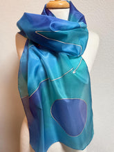 Load image into Gallery viewer, Abstract Design Silk Long Scarf in Shades of Blues : Hand Painted by Designer Silk Artist