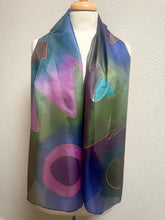 Load image into Gallery viewer, Abstract Design Silk Long Scarf in Purple Green Blue Pink Copper : Hand Painted by Designer Silk Artist