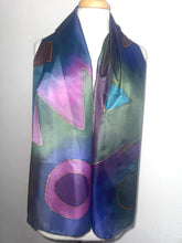 Load image into Gallery viewer, Abstract Design Silk Long Scarf in Purple Green Blue Pink Copper : Hand Painted by Designer Silk Artist